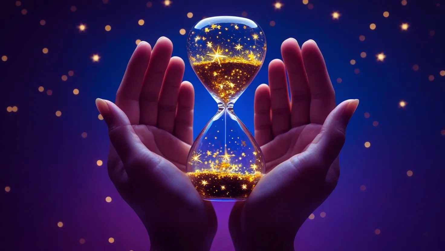 Mani-aperte-che-sorreggono-una-clessidra-con-allinterno-stelle-scintillanti.
